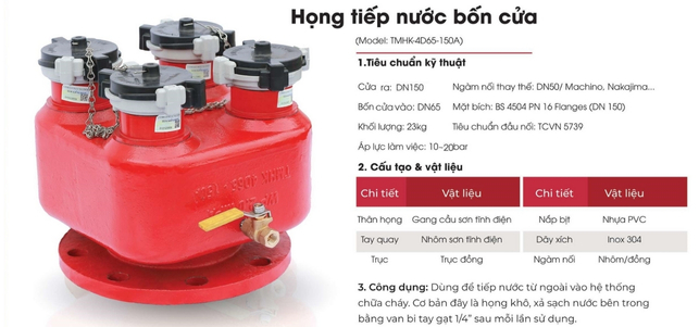 Cataloge của sản phẩm họng tiếp nước chữa cháy bốn cửa Tomoken