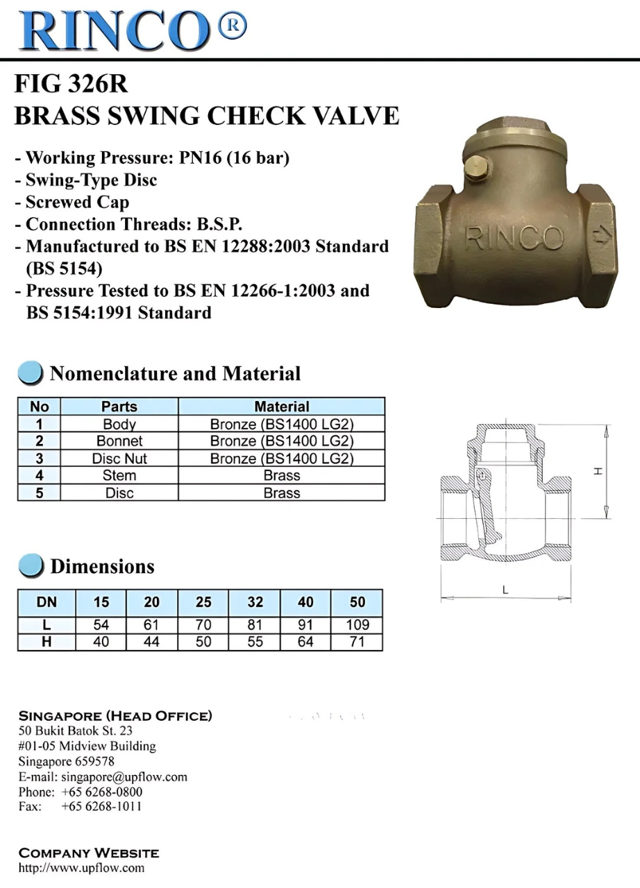 Cataoge chi tiết sản phẩm Van một chiều đồng Rinco FIG 326R