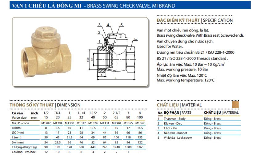 Hiệu suất kiểm soát dòng chảy của van một chiều đồng lá lật MI – PN10