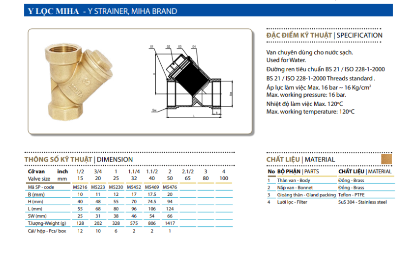 Y lọc đồng MIHA – PN16 dùng cho hệ thống nước sinh hoạt an toàn