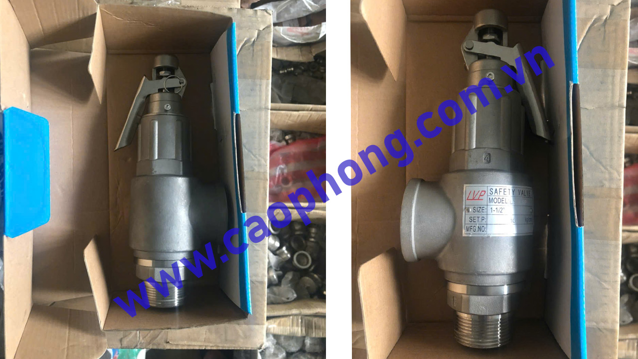 Hình ảnh thực tế van an toàn inox DN15 nối ren có tay LVP tại kho Cao Phong