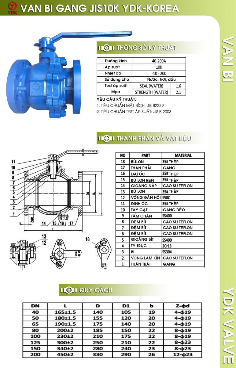 Chọn van bi YDK tay gạt gang tiêu chuẩn JIS 10K để đảm bảo độ kín và hiệu suất cao